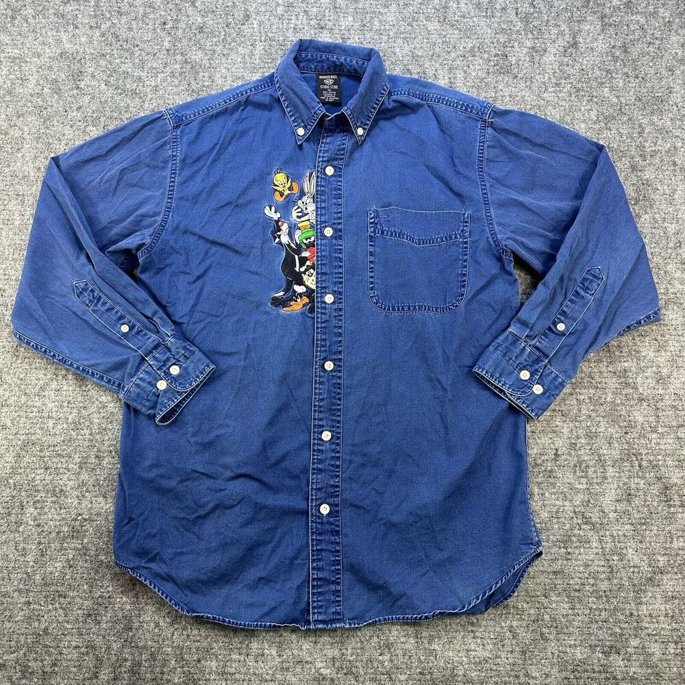 Vintage 90s Looney Tunes Shirt Men XS Blue Chambray Tweety Warner Bros Studio - Picture 2 of 14
